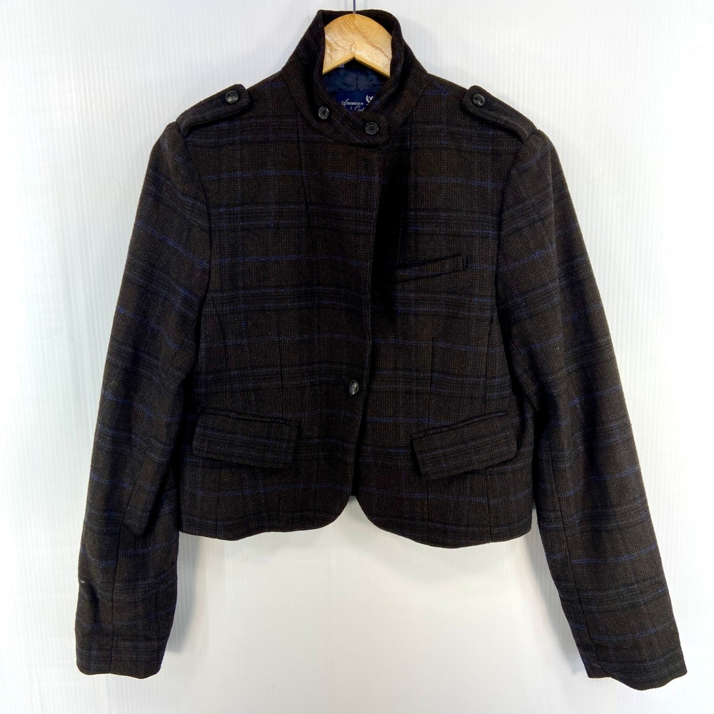 American Eagle Gray Brown Blue‎ Plaid Short Wool Blend Jacket Womens Medium
